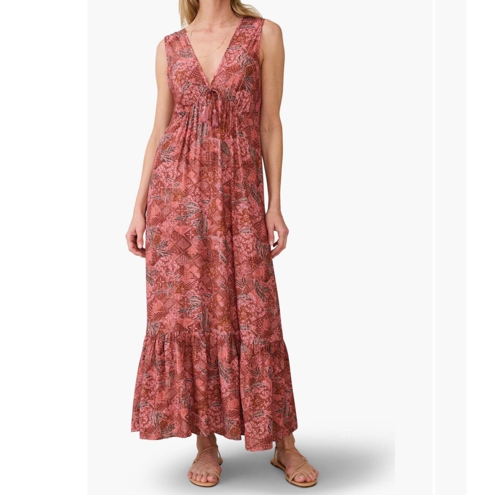 Faherty Brand Pink Floral Geometric V-Neck Tassel Maxi Dress Small NWT